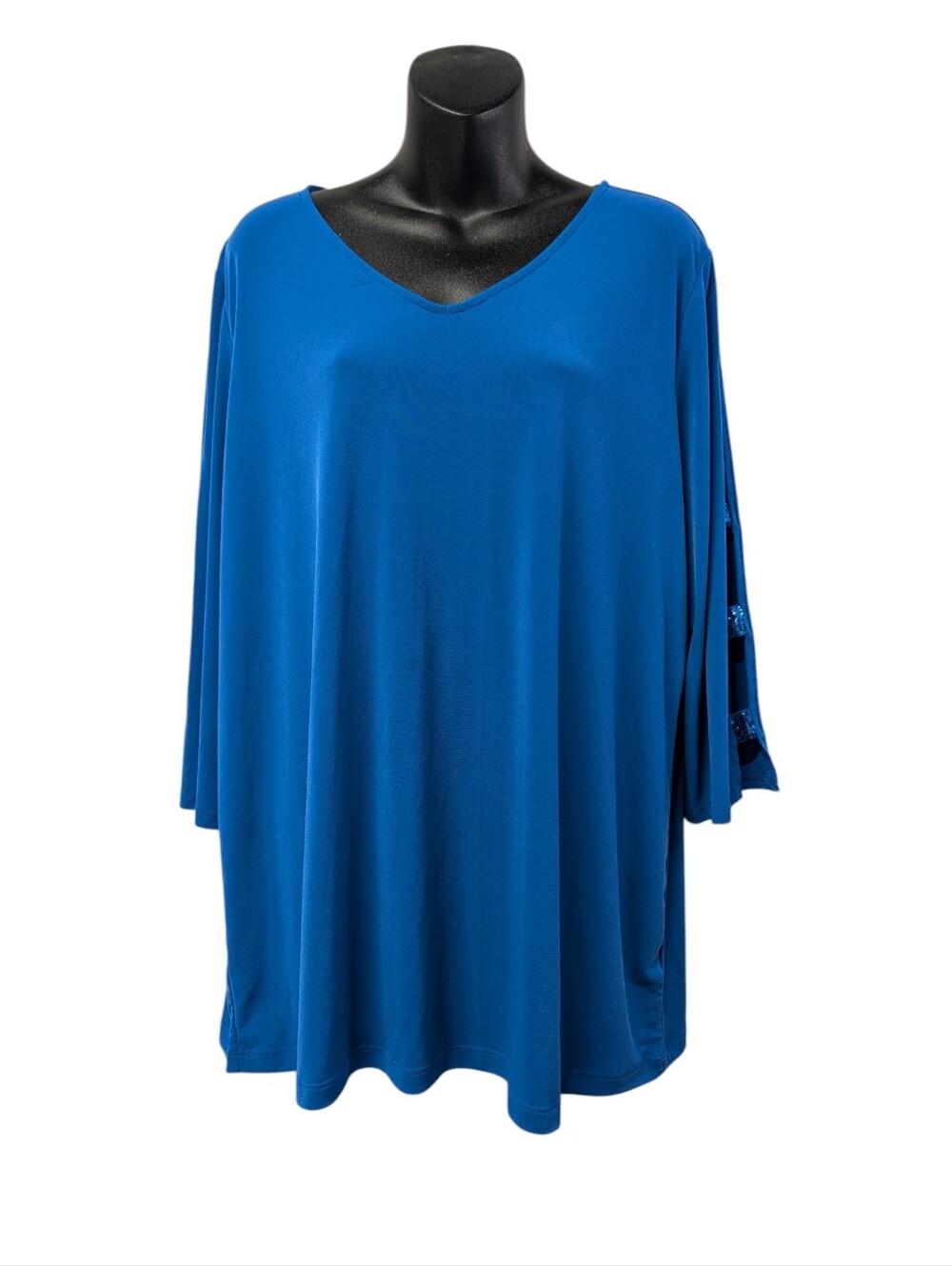 Susan Graver Women's Plus Size 1X Blue Sequin Cutout Sleeve Tunic Top Blouse